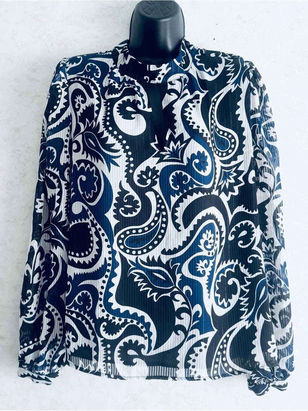 LOFT Blouse Top Women's Size Large Blue Black White Paisley Metallic Thread